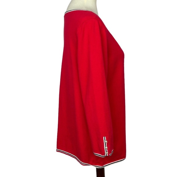 Talbots Sweater Women Large Red Fine Knit Black Stripe Pearl Button Trim Stretch - Picture 2 of 12